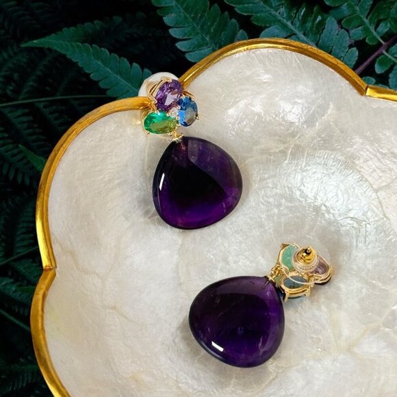 NWT Statement Amethyst Drop Earrings Teardrop 18K Plated Crystal Accents Event - Picture 5 of 11